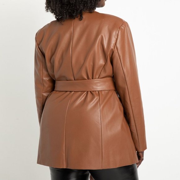 ELOQUII Avery Belted Faux Leather Blazer Coat Jacket Tan Camel Cognac Brown - Picture 2 of 3